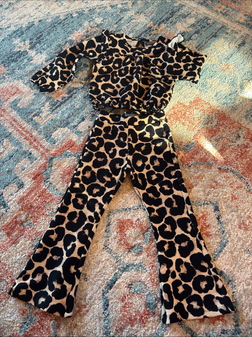 Girls Leopard Print Bootcut Matching Set - Black & Tan